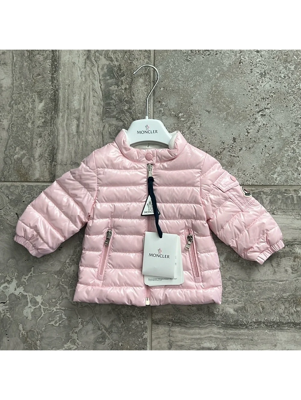 MONCLER Paulas Down Logo-Patch Sleeve Jacket, Pink Girl’s Size 6-9M New w/Tag